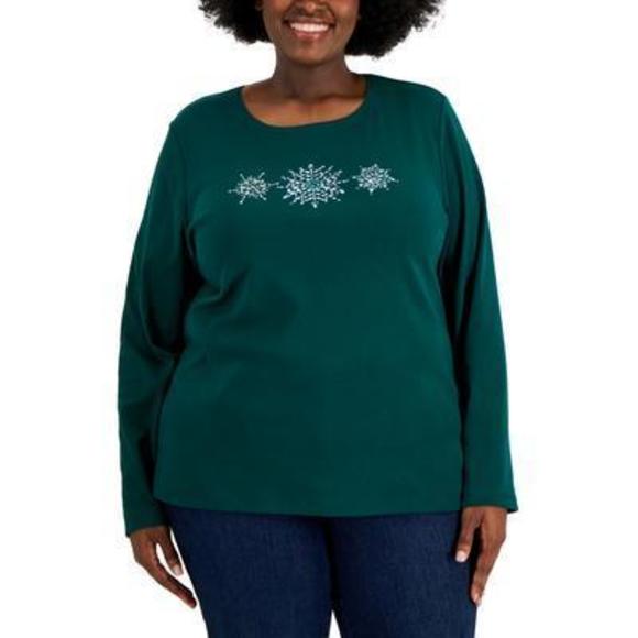 Karen Scott Plus Size Green Snowflake Top - Spruce Night - Blouse - Picture 1 of 1